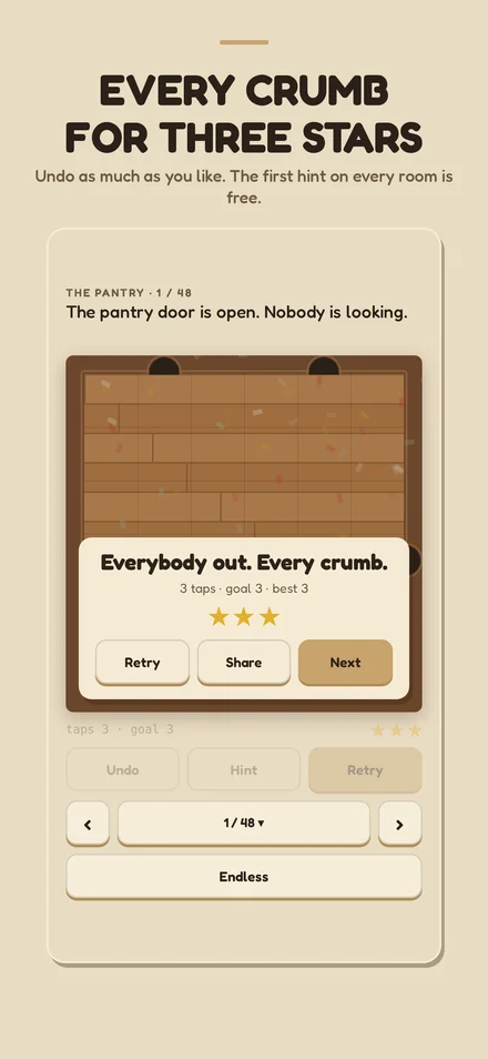 Three stars and confetti on a solved room