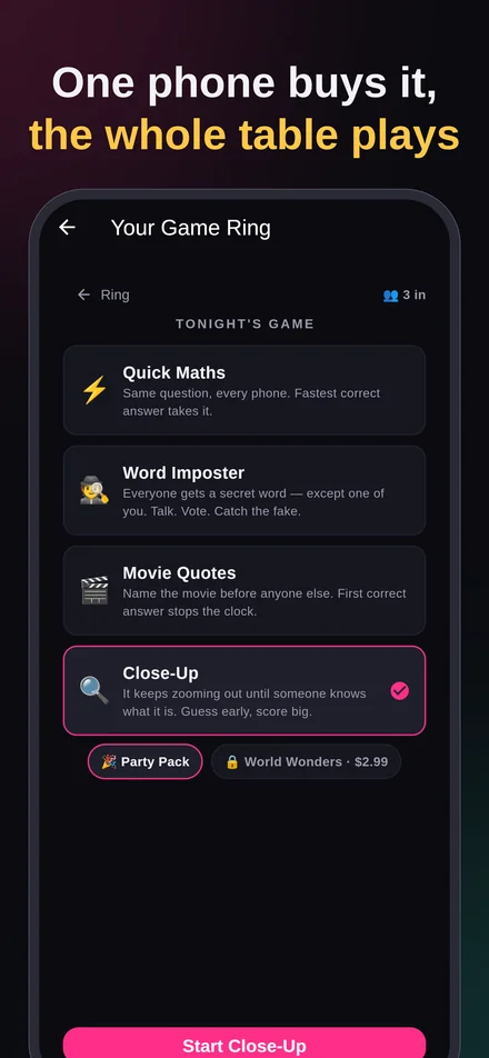 Expansion packs in Game Ring — one phone buys, the whole table plays
